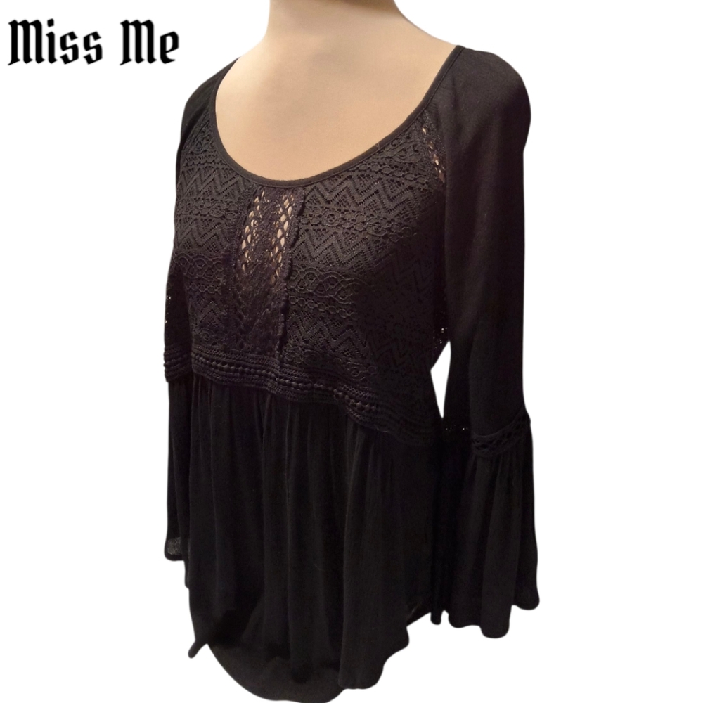 Miss Me Black Lace Boho Peasant Blouse Size Medium - Boho Whimsigoth
